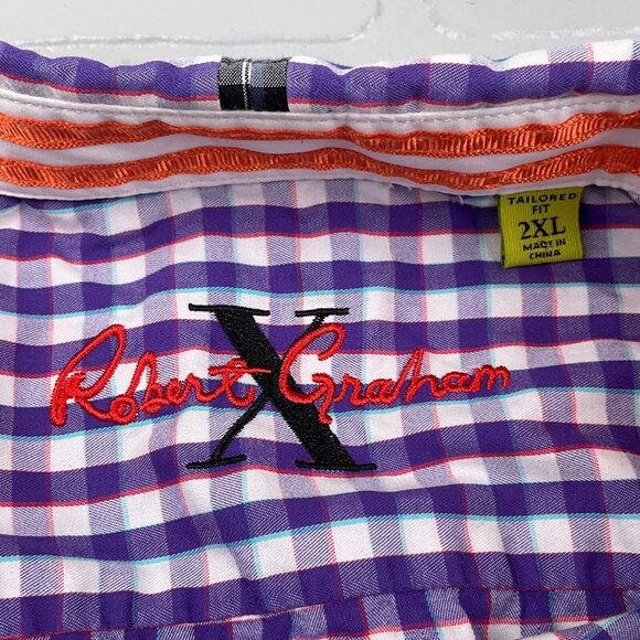 Robert X Graham Shirt Mens 2XLarge Blue Orange Gingham Check Tailored Fit - Picture 6 of 12